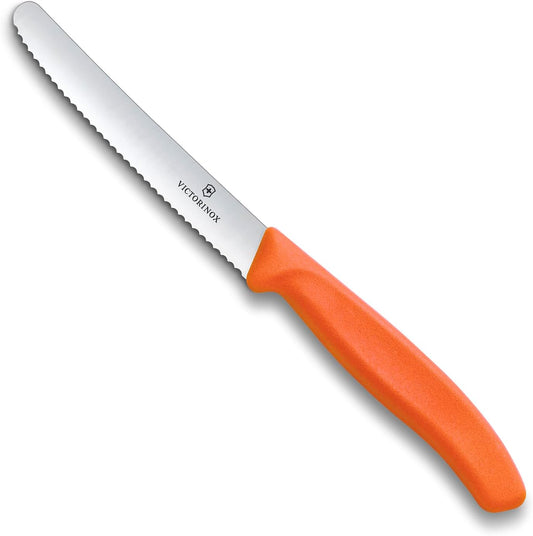 Swiss Classic 4 in Serrated Round Tip Tomato & Table Knife | Sharp wavy edge stainless steel blade with a durable, dishwasher safe polypropylene handle for precise vegetable slicing