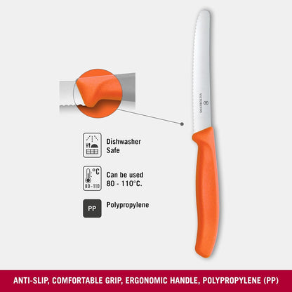 Swiss Classic 4 in Serrated Round Tip Tomato & Table Knife | Sharp wavy edge stainless steel blade with a durable, dishwasher safe polypropylene handle for precise vegetable slicing