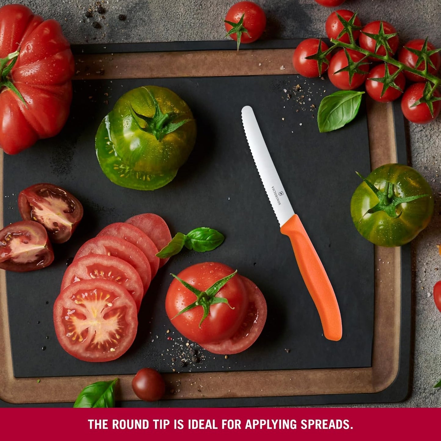 Swiss Classic 4 in Serrated Round Tip Tomato & Table Knife | Sharp wavy edge stainless steel blade with a durable, dishwasher safe polypropylene handle for precise vegetable slicing