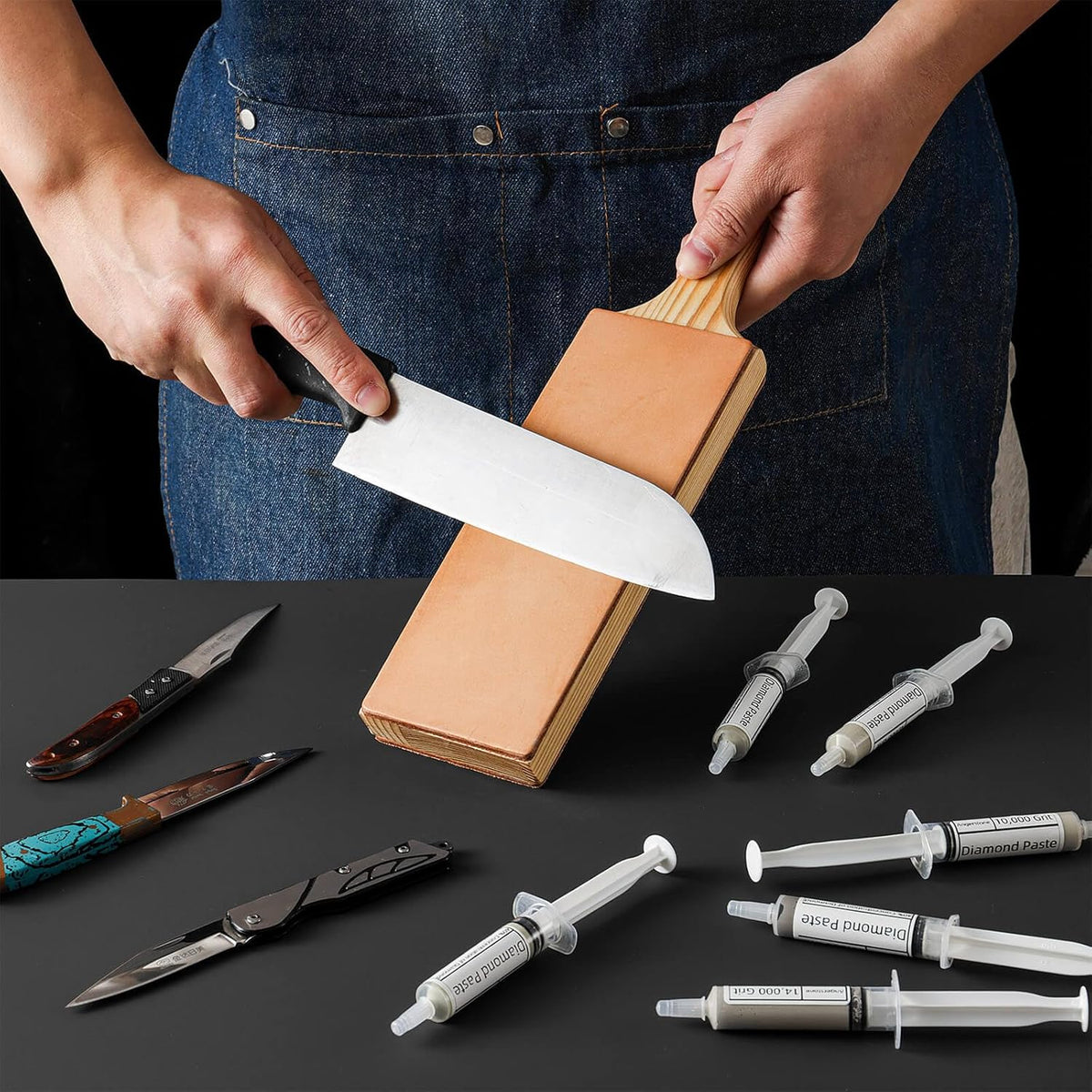 Oversize Double Sided Leather Strop for Knife Sharpening with 6 Diamond Polishing Compounds - Cowhide Stropping Kit with Stropping Compounds, Knife Strop Block Stropping Leather