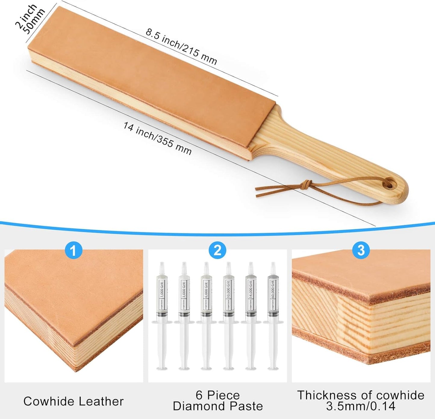 Oversize Double Sided Leather Strop for Knife Sharpening with 6 Diamond Polishing Compounds - Cowhide Stropping Kit with Stropping Compounds, Knife Strop Block Stropping Leather