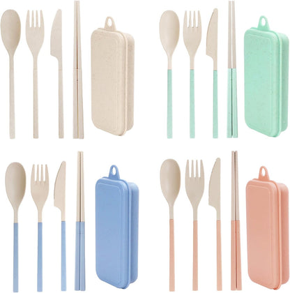 Reusable Travel Utensils Set with Case, 5 Sets Collapsible Cutlery | Portable Utensils Include Spoon Knife Forks Chopsticks for Adult Travel Picnic Camping Or Birthday Use