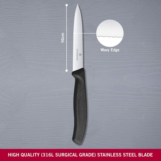 VIC-6.7733 Swiss Classic Paring 4" Serrated Spear Point Blade 5/8" Width at Handle Black