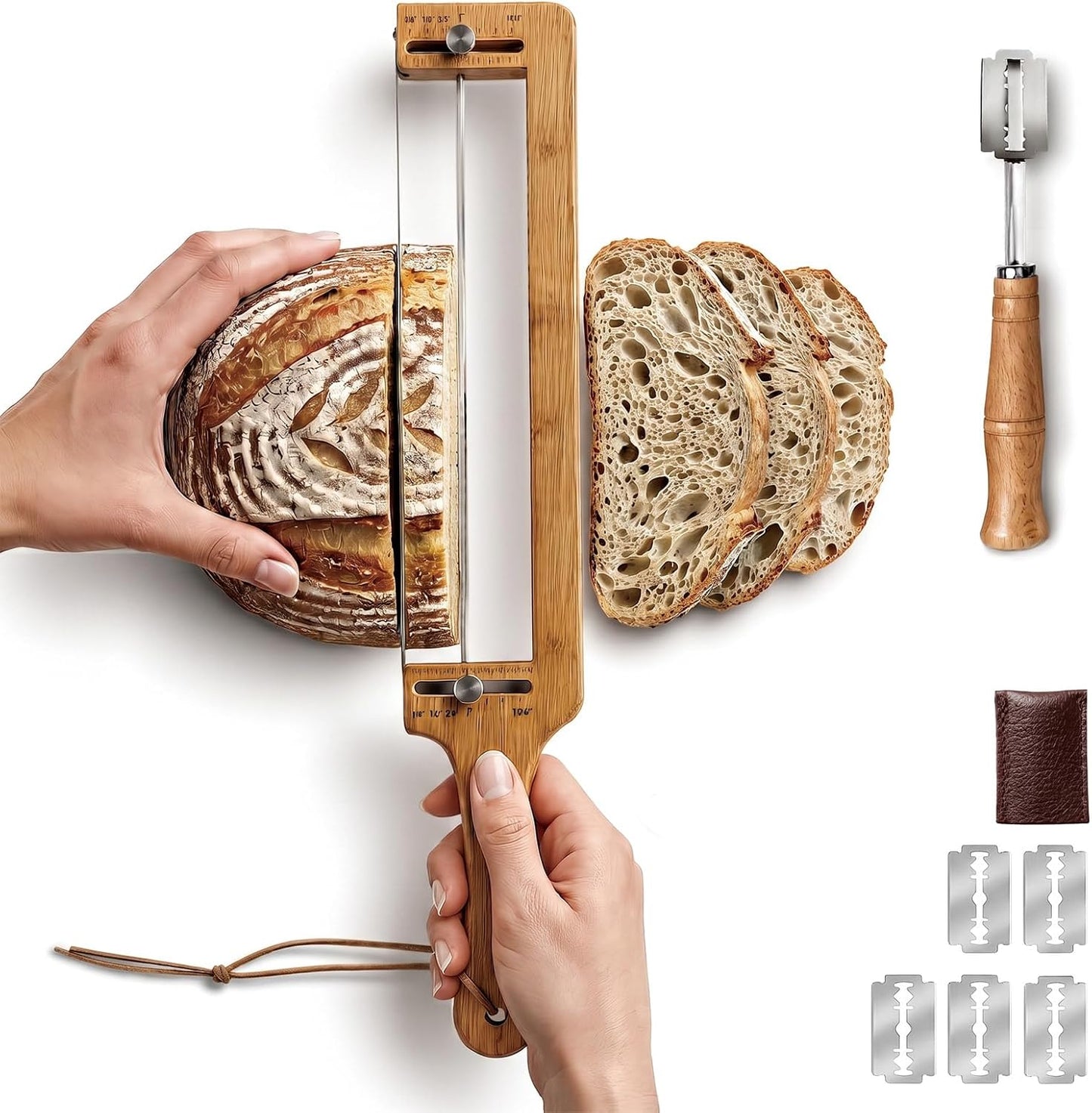 Bread Slicer Adjustable Bread Knife with Lame for Sourdough Homemade Loaf | Adjustable bamboo bread slicer with stainless steel blade and scoring lame for sourdough homemade bread slicing