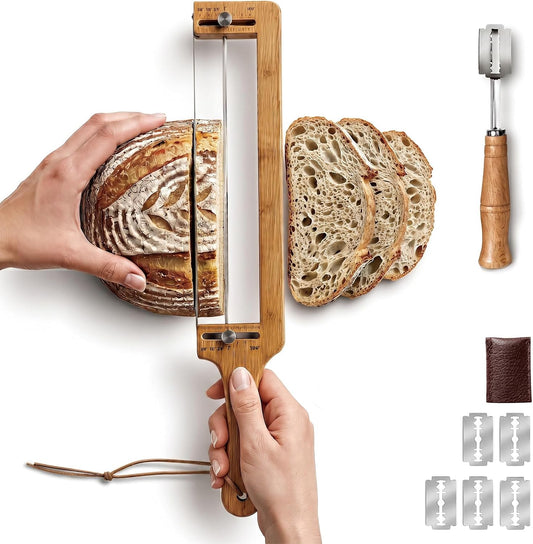 Bread Slicer Adjustable Bread Knife with Lame for Sourdough Homemade Loaf | Adjustable bamboo bread slicer with stainless steel blade and scoring lame for sourdough homemade bread slicing