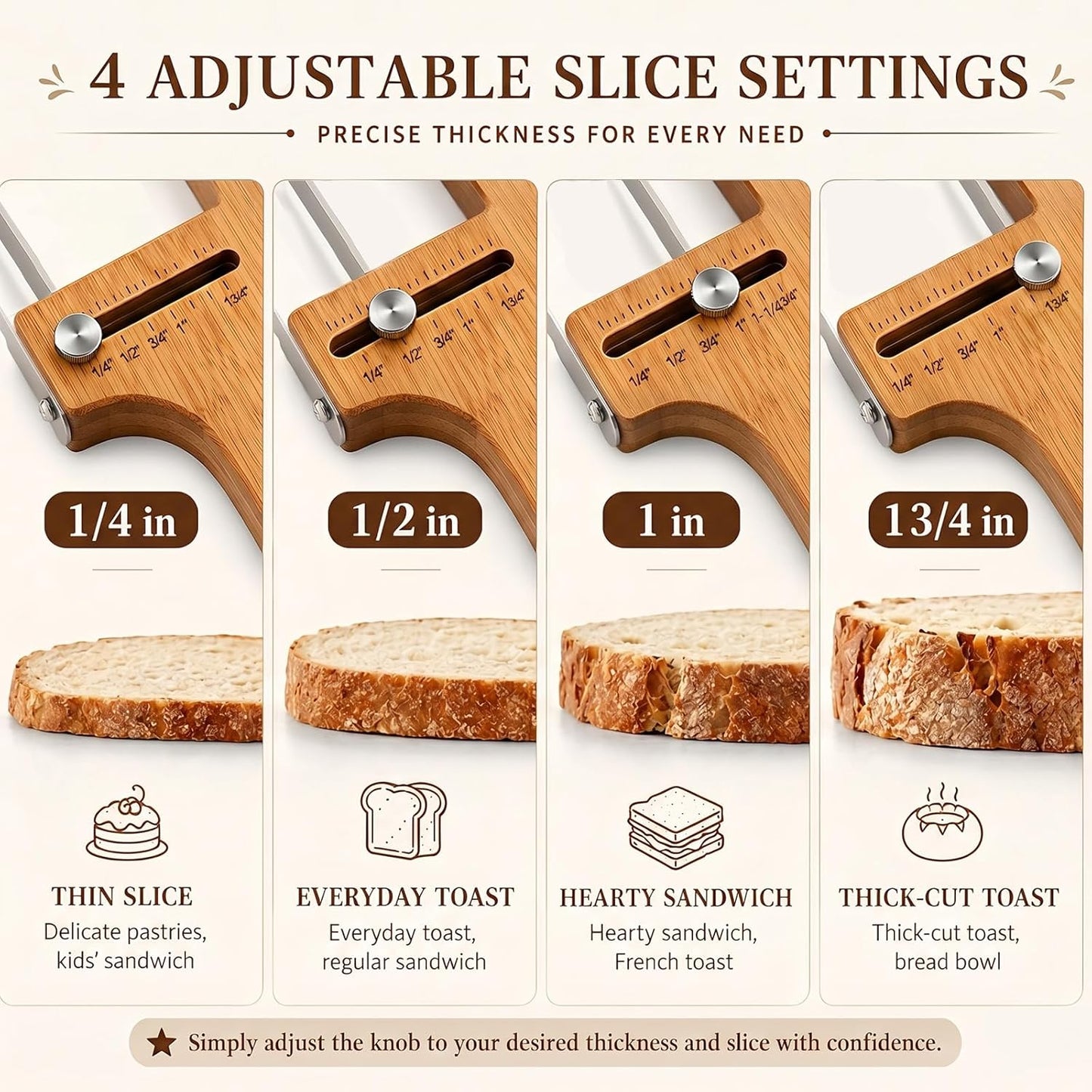 Bread Slicer Adjustable Bread Knife with Lame for Sourdough Homemade Loaf | Adjustable bamboo bread slicer with stainless steel blade and scoring lame for sourdough homemade bread slicing