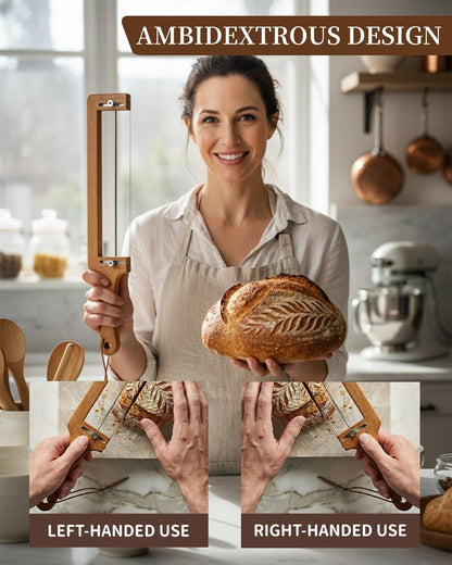 Bread Slicer Adjustable Bread Knife with Lame for Sourdough Homemade Loaf | Adjustable bamboo bread slicer with stainless steel blade and scoring lame for sourdough homemade bread slicing