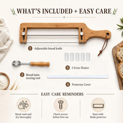 Bread Slicer Adjustable Bread Knife with Lame for Sourdough Homemade Loaf | Adjustable bamboo bread slicer with stainless steel blade and scoring lame for sourdough homemade bread slicing