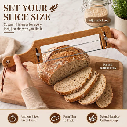 Bread Slicer Adjustable Bread Knife with Lame for Sourdough Homemade Loaf | Adjustable bamboo bread slicer with stainless steel blade and scoring lame for sourdough homemade bread slicing