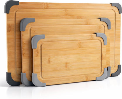 Non-Slip Cutting Board Set – Kitchen Essentials with Easy Grip Handle for Meat, Veggies, and Fruits, 3 Cutting Boards, Bamboo Non-Slip Grey