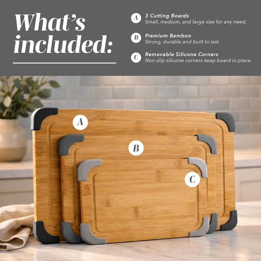 Non-Slip Cutting Board Set – Kitchen Essentials with Easy Grip Handle for Meat, Veggies, and Fruits, 3 Cutting Boards, Bamboo Non-Slip Grey