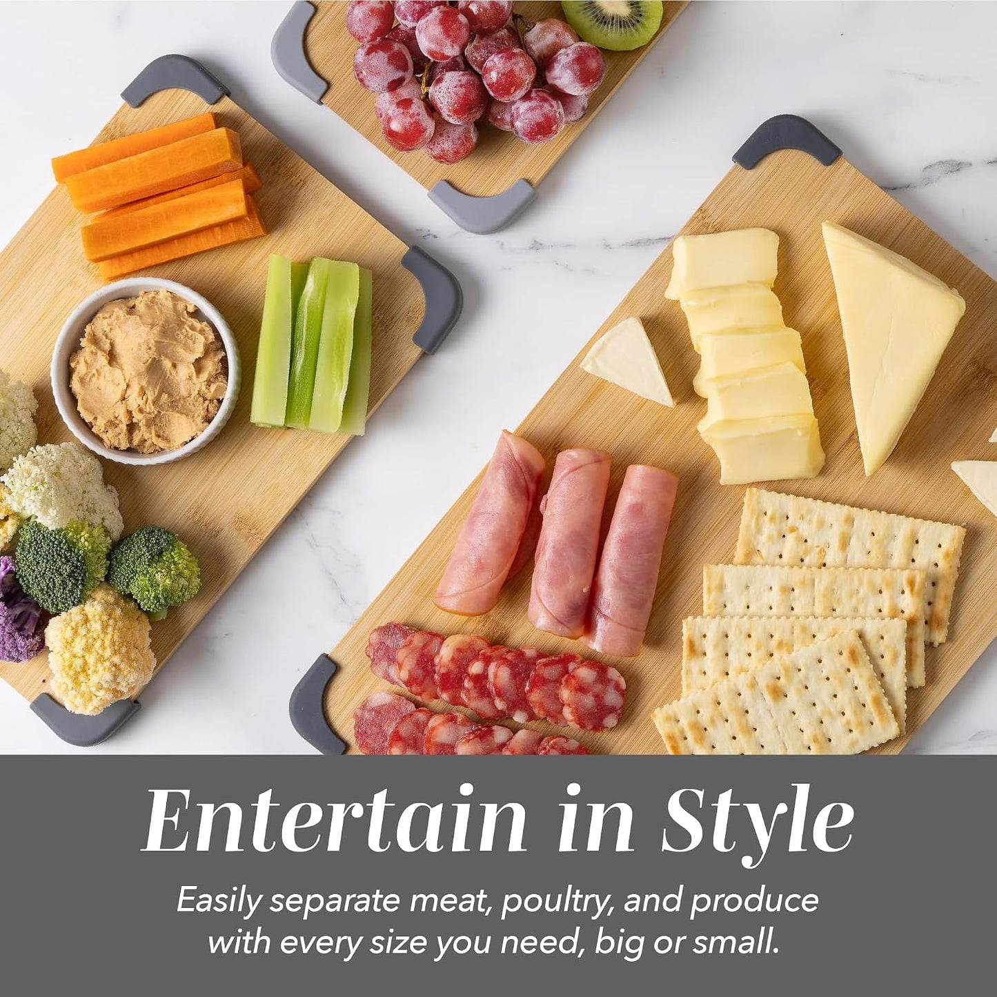 Non-Slip Cutting Board Set – Kitchen Essentials with Easy Grip Handle for Meat, Veggies, and Fruits, 3 Cutting Boards, Bamboo Non-Slip Grey