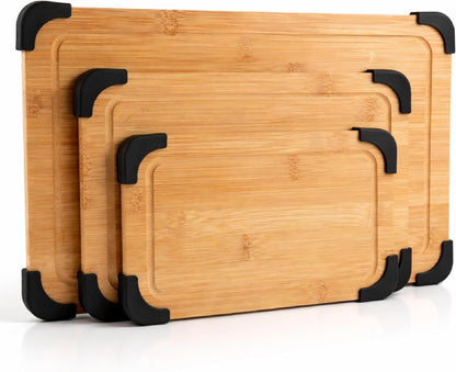 Non-Slip Cutting Board Set – Kitchen Essentials with Easy Grip Handle for Meat, Veggies, and Fruits, 3 Cutting Boards, Bamboo Non-Slip Grey