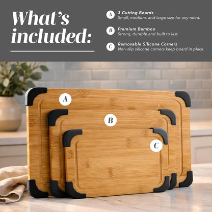 Non-Slip Cutting Board Set – Kitchen Essentials with Easy Grip Handle for Meat, Veggies, and Fruits, 3 Cutting Boards, Bamboo Non-Slip Grey