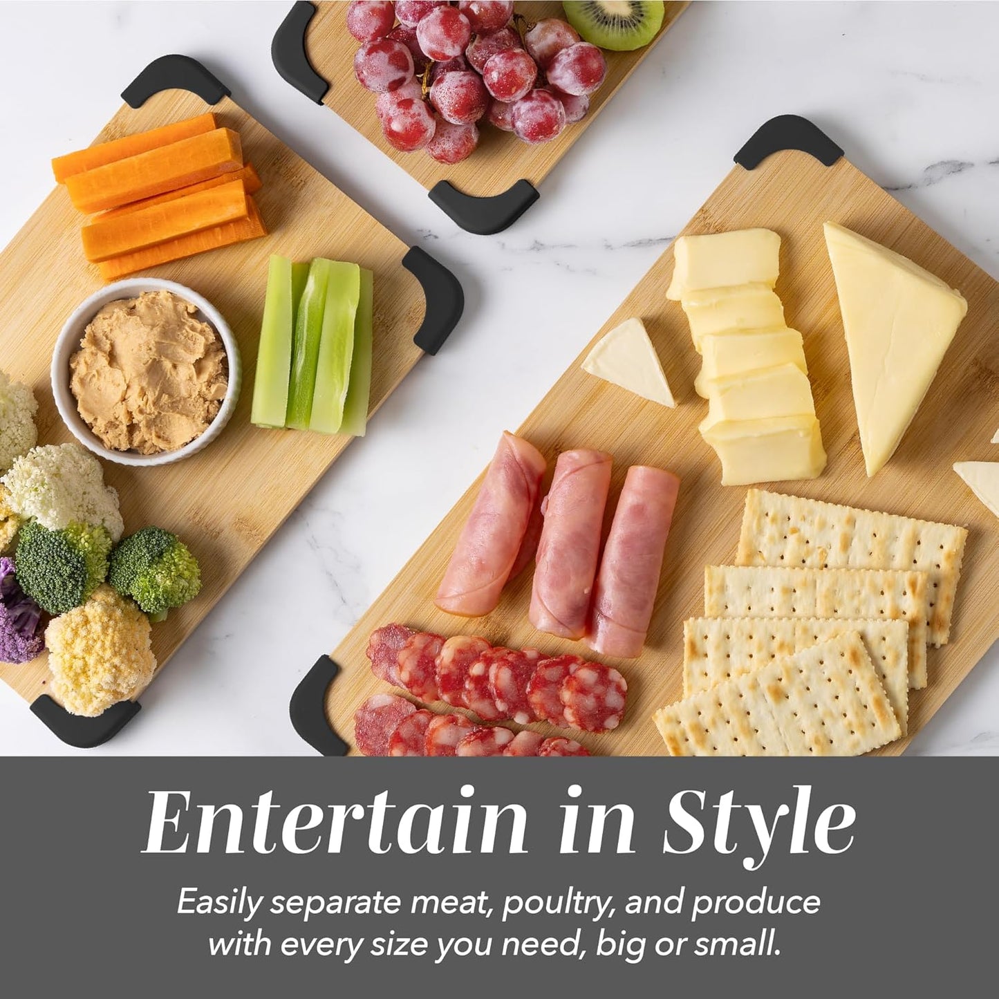 Non-Slip Cutting Board Set – Kitchen Essentials with Easy Grip Handle for Meat, Veggies, and Fruits, 3 Cutting Boards, Bamboo Non-Slip Grey