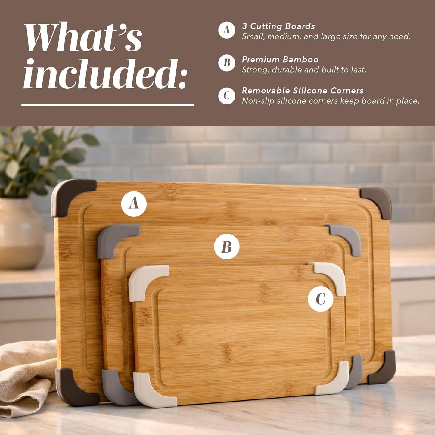 Non-Slip Cutting Board Set – Kitchen Essentials with Easy Grip Handle for Meat, Veggies, and Fruits, 3 Cutting Boards, Bamboo Non-Slip Grey