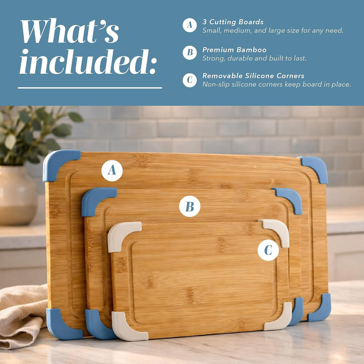 Non-Slip Cutting Board Set – Kitchen Essentials with Easy Grip Handle for Meat, Veggies, and Fruits, 3 Cutting Boards, Bamboo Non-Slip Grey
