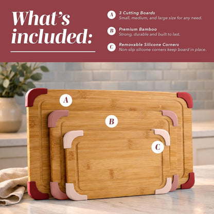 Non-Slip Cutting Board Set – Kitchen Essentials with Easy Grip Handle for Meat, Veggies, and Fruits, 3 Cutting Boards, Bamboo Non-Slip Grey