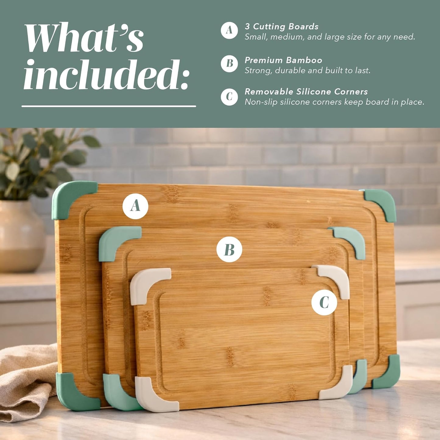 Non-Slip Cutting Board Set – Kitchen Essentials with Easy Grip Handle for Meat, Veggies, and Fruits, 3 Cutting Boards, Bamboo Non-Slip Grey