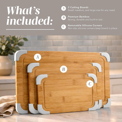 Non-Slip Cutting Board Set – Kitchen Essentials with Easy Grip Handle for Meat, Veggies, and Fruits, 3 Cutting Boards, Bamboo Non-Slip Grey