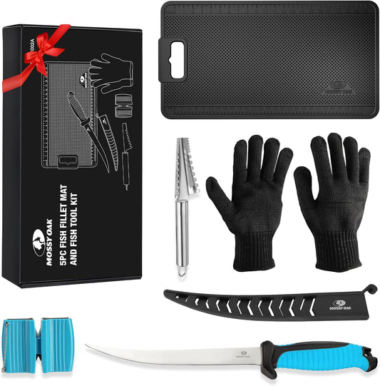 Fish Fillet Knife Set, 5 PCS | Fish Cleaning Kit, 7" Fishing Knife, Non-Slip Fish Fillet Mat, Knife Sharpener & Fish Scaler Remover, Cut Resistant Gloves