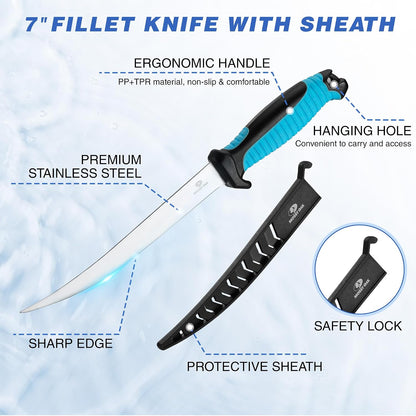 Fish Fillet Knife Set, 5 PCS | Fish Cleaning Kit, 7" Fishing Knife, Non-Slip Fish Fillet Mat, Knife Sharpener & Fish Scaler Remover, Cut Resistant Gloves