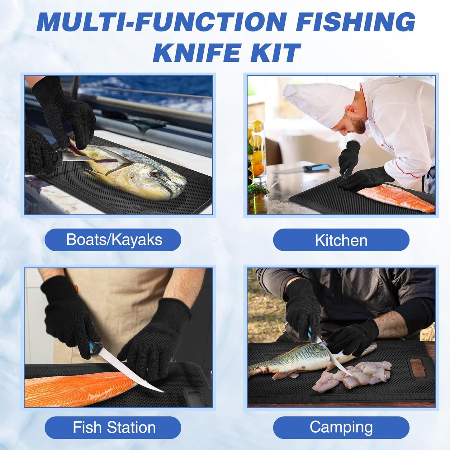 Fish Fillet Knife Set, 5 PCS | Fish Cleaning Kit, 7" Fishing Knife, Non-Slip Fish Fillet Mat, Knife Sharpener & Fish Scaler Remover, Cut Resistant Gloves