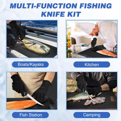 Fish Fillet Knife Set, 5 PCS | Fish Cleaning Kit, 7" Fishing Knife, Non-Slip Fish Fillet Mat, Knife Sharpener & Fish Scaler Remover, Cut Resistant Gloves