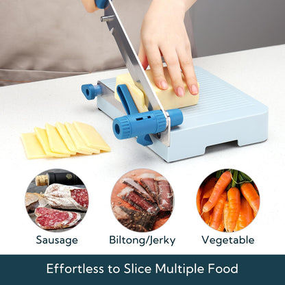 Multipurpose Cheese Slicer Cutter with Board for Arthritic and Weak Hands, Adjustable Thickness Dial for Block Cheese, Effortless Slicing, Guillotine Sausage Ham Biltong Jerky Slicer