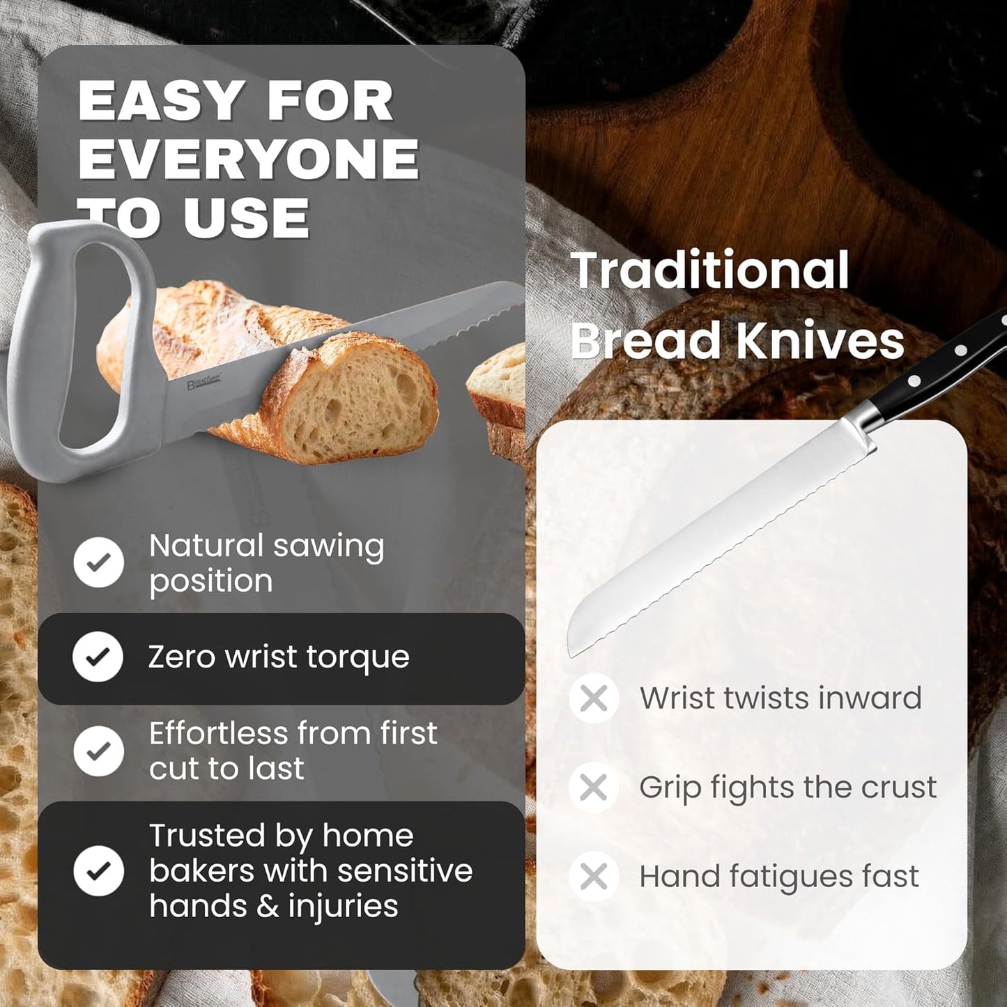 Sourdough Bread Knife, 8" Serrated Blade with Ergonomic Handle, Stainless Steel, Gray