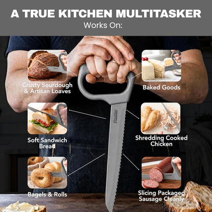 Sourdough Bread Knife, 8" Serrated Blade with Ergonomic Handle, Stainless Steel, Gray