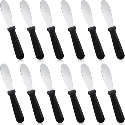 12 Pcs Butter Spreader Knives Wide Blade Stainless Steel Cheese Spreader Knife Black Plastic Handle Slicing or Spreading Knife for Slicing Bread Cream Sandwich Condiment Kitchen 9.1 Inch