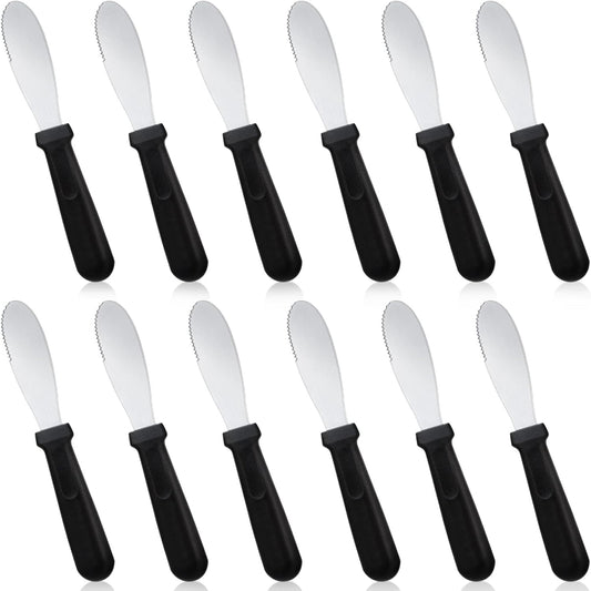 12 Pcs Butter Spreader Knives Wide Blade Stainless Steel Cheese Spreader Knife Black Plastic Handle Slicing or Spreading Knife for Slicing Bread Cream Sandwich Condiment Kitchen 9.1 Inch