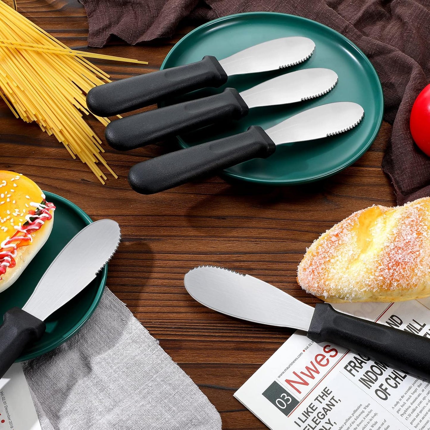 12 Pcs Butter Spreader Knives Wide Blade Stainless Steel Cheese Spreader Knife Black Plastic Handle Slicing or Spreading Knife for Slicing Bread Cream Sandwich Condiment Kitchen 9.1 Inch