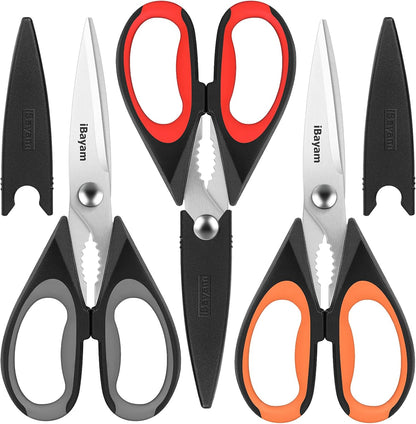iBayam 3-Pack 8.7" Kitchen Scissors All Purpose Heavy Duty Shears w/Sheath | Soft Comfort Grip, Dishwasher Safe, Stainless Micro-Serrated Edge Blades, Cooking Poultry Herbs Meat Kitchen Utensils Gadgets