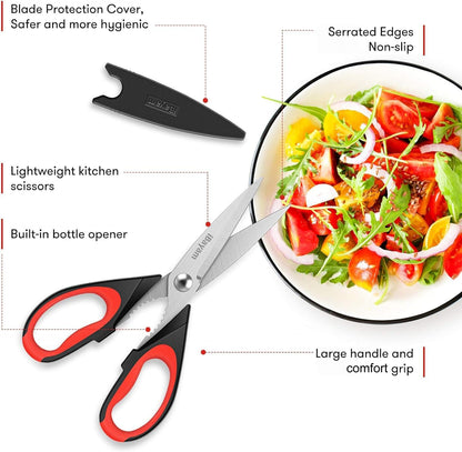 iBayam 3-Pack 8.7" Kitchen Scissors All Purpose Heavy Duty Shears w/Sheath | Soft Comfort Grip, Dishwasher Safe, Stainless Micro-Serrated Edge Blades, Cooking Poultry Herbs Meat Kitchen Utensils Gadgets