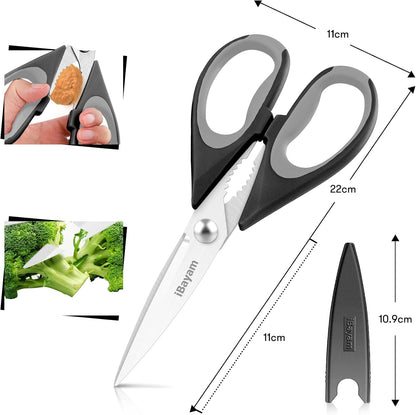 iBayam 3-Pack 8.7" Kitchen Scissors All Purpose Heavy Duty Shears w/Sheath | Soft Comfort Grip, Dishwasher Safe, Stainless Micro-Serrated Edge Blades, Cooking Poultry Herbs Meat Kitchen Utensils Gadgets