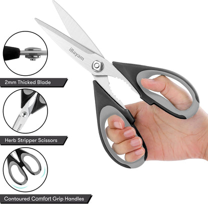 iBayam 3-Pack 8.7" Kitchen Scissors All Purpose Heavy Duty Shears w/Sheath | Soft Comfort Grip, Dishwasher Safe, Stainless Micro-Serrated Edge Blades, Cooking Poultry Herbs Meat Kitchen Utensils Gadgets