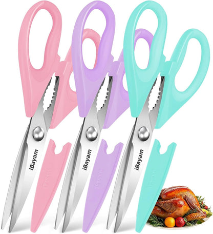iBayam 3-Pack 8.7" Kitchen Scissors All Purpose Heavy Duty Shears w/Sheath | Soft Comfort Grip, Dishwasher Safe, Stainless Micro-Serrated Edge Blades, Cooking Poultry Herbs Meat Kitchen Utensils Gadgets