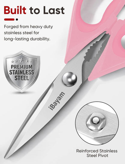 iBayam 3-Pack 8.7" Kitchen Scissors All Purpose Heavy Duty Shears w/Sheath | Soft Comfort Grip, Dishwasher Safe, Stainless Micro-Serrated Edge Blades, Cooking Poultry Herbs Meat Kitchen Utensils Gadgets