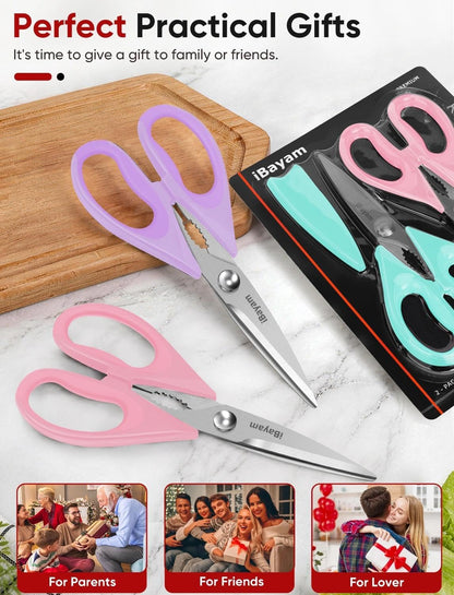 iBayam 3-Pack 8.7" Kitchen Scissors All Purpose Heavy Duty Shears w/Sheath | Soft Comfort Grip, Dishwasher Safe, Stainless Micro-Serrated Edge Blades, Cooking Poultry Herbs Meat Kitchen Utensils Gadgets