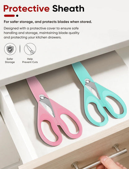 iBayam 3-Pack 8.7" Kitchen Scissors All Purpose Heavy Duty Shears w/Sheath | Soft Comfort Grip, Dishwasher Safe, Stainless Micro-Serrated Edge Blades, Cooking Poultry Herbs Meat Kitchen Utensils Gadgets