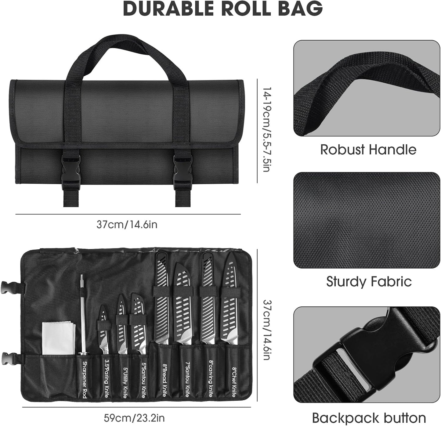 Kitchen Knife Set, 12 Pcs Japanese Stainless Steel Knife Sets for Kitchen with Oxford cloth storage bag with Knife Sharpening Rod, Dishwasher Safe, For Outdoor