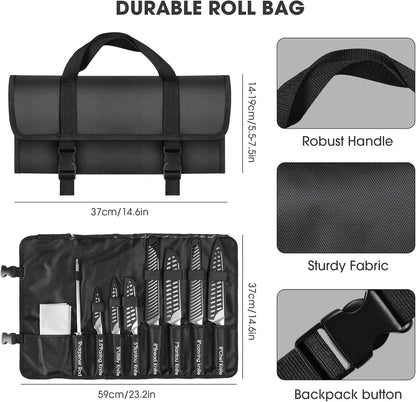 Kitchen Knife Set, 12 Pcs Japanese Stainless Steel Knife Sets for Kitchen with Oxford cloth storage bag with Knife Sharpening Rod, Dishwasher Safe, For Outdoor