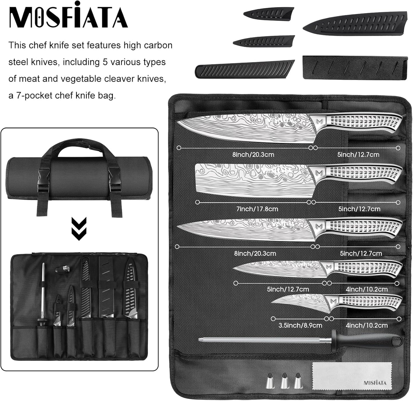 Kitchen Knife Set, 12 Pcs Japanese Stainless Steel Knife Sets for Kitchen with Oxford cloth storage bag with Knife Sharpening Rod, Dishwasher Safe, For Outdoor