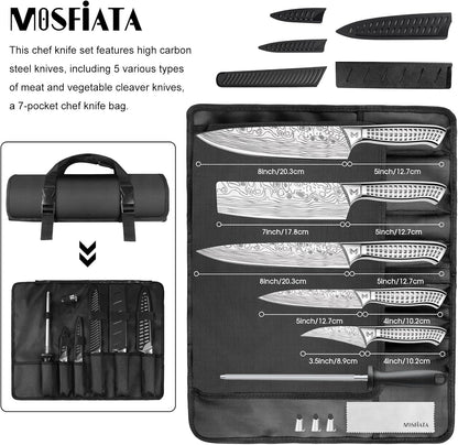 Kitchen Knife Set, 12 Pcs Japanese Stainless Steel Knife Sets for Kitchen with Oxford cloth storage bag with Knife Sharpening Rod, Dishwasher Safe, For Outdoor