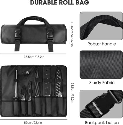 Kitchen Knife Set, 12 Pcs Japanese Stainless Steel Knife Sets for Kitchen with Oxford cloth storage bag with Knife Sharpening Rod, Dishwasher Safe, For Outdoor