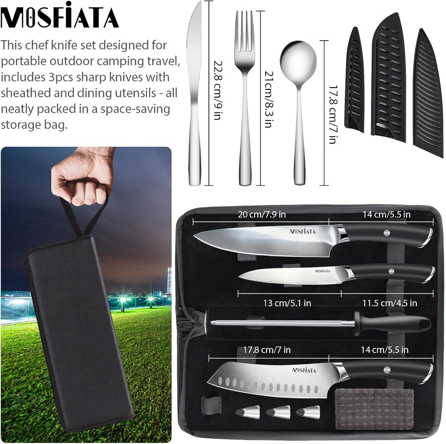 Kitchen Knife Set, 12 Pcs Japanese Stainless Steel Knife Sets for Kitchen with Oxford cloth storage bag with Knife Sharpening Rod, Dishwasher Safe, For Outdoor