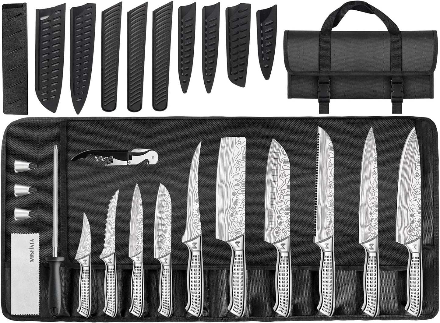Kitchen Knife Set, 12 Pcs Japanese Stainless Steel Knife Sets for Kitchen with Oxford cloth storage bag with Knife Sharpening Rod, Dishwasher Safe, For Outdoor