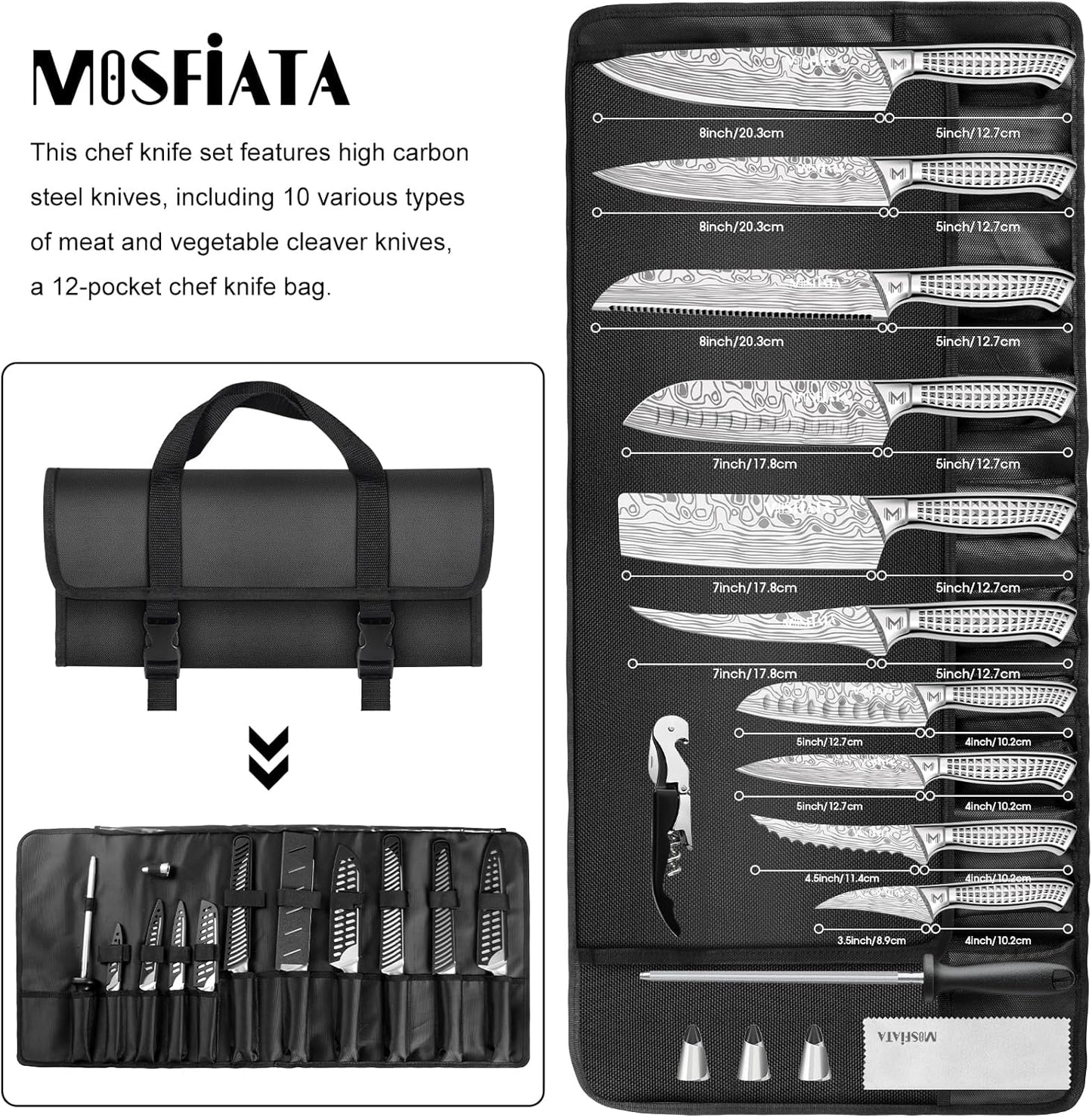 Kitchen Knife Set, 12 Pcs Japanese Stainless Steel Knife Sets for Kitchen with Oxford cloth storage bag with Knife Sharpening Rod, Dishwasher Safe, For Outdoor